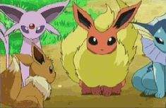 several pokemons are standing in the dirt