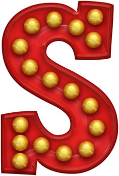 the letter s is made up of gold balls and red plastic with yellow dots on it