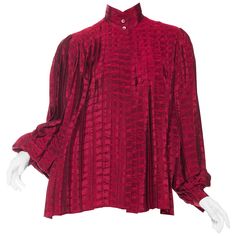 1970S GUCCI Cranberry Red Silk Jaquard Pleated Blouse Luxury Gucci Blouse For Office, Elegant Gucci Blouse For Evening, Elegant Gucci Blouse For Party, Elegant Gucci Party Blouse, Fitted Gucci Blouse For Fall, Gucci Long Sleeve Evening Tops, Gucci Evening Long Sleeve Tops, Gucci Fitted Blouse For Spring, Chic Gucci Silk Top