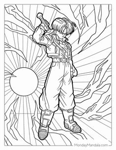 an adult coloring page with a boy holding a baseball bat in his hand and the sun behind him