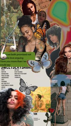 a collage of photos with different women and butterflies on the top, bottom right