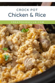 crock pot chicken and rice in a slow cooker with text overlay that reads crock pot chicken and rice