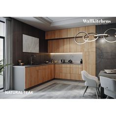 a kitchen with wooden cabinets and white chairs