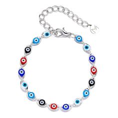 Evil Eye Bracelet (Multicolor) Evil Eye Bracelet For Friendship, Evil Eye Friendship Bracelet Jewelry, Silver Evil Eye Bracelet Spiritual Style, Silver Spiritual Bracelet With Evil Eye, Spiritual Silver Bracelet With Evil Eye, Symbolic Evil Eye Bracelet For Friendship, Metal Charm Bracelet With Evil Eye For Gift, Adjustable Metal Evil Eye Charm Bracelet, Metal Charm Bracelet With Evil Eye