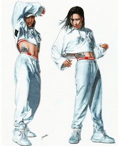 a drawing of two people standing next to each other wearing white outfits and hoodies