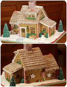 two pictures of a gingerbread house with candy canes on the roof