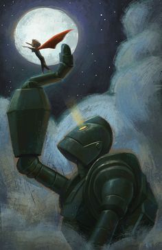 a painting of a robot holding up a red umbrella in the sky with a full moon behind it