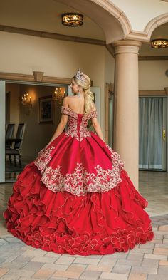 Ruffle layered a-line quinceanera ball gown with off the shoulder straps. Red And White Quinceanera Dresses, Dress For Quinceanera, Vestido Charro, Cheap Quinceanera Dresses, Strapless Organza, Sweet Fifteen, White Quinceanera Dresses, Sweet Sixteen Dresses, Sweet 15 Dresses