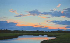 an oil painting of a sunset over a river