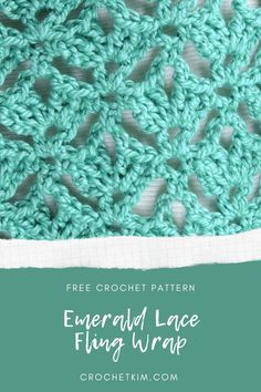 the crochet pattern is shown with text overlay that reads, free crochet pattern emerald lace flying wrap