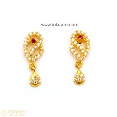 22K Gold Drop Earrings for Women With Cz & Color Stones - 235-GER10500 - Buy this Latest Indian Gold Jewelry Design in 2.850 Grams for a low price of  $213.76 Jhumkas Gold, Gold Jhumkas, Indian Gold Jewellery Design, Indian Gold Jewelry, South Indian Style, Gold Chandelier Earrings, 22k Gold Jewelry, Earrings Indian, Dangle Hoop Earrings