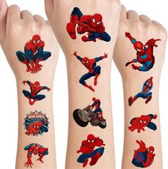 spiderman temporary tattoos on both arm and wrist for children's hands, set of 4