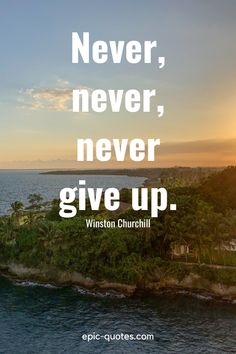 the quote never never never give up on an island with palm trees in the background