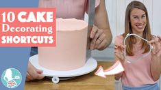 a woman holding up a cake with the words 10 cake decorating shortcuts