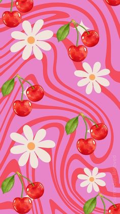 a pink background with cherries and daisies on it