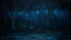 a painting of trees and water in the dark forest at night with light coming from behind them