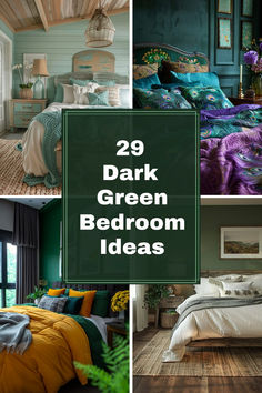 green bedroom decor with white bedding and wood flooring in four different photos, including the