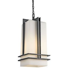 a light fixture hanging from the ceiling with two lights on each side and an attached chain