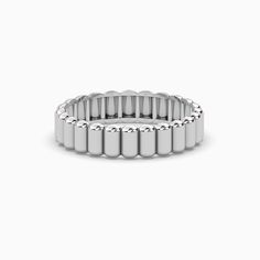 a white gold ring with rows of round beads on the outside, and an open band