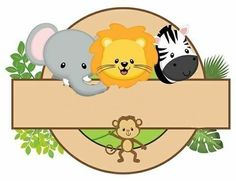 three animals and a zebra on a wooden sign with leaves around them, including a lion, a giraffe, an elephant, and a monkey