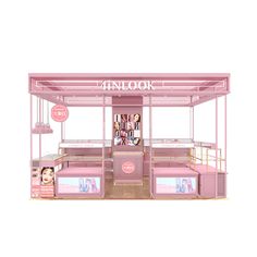 a pink kiosk with shelves and signs on it