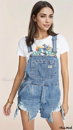 Olivia Mark - Fashionable and Personalized White and Blue Distressed Denim Shorts with Frayed Hem and Suspender Jumpsuit Suspender Jumpsuit, Dungarees Shorts, One Shoulder Jumpsuit, Trendy Denim, Denim Chic, Blue Denim Shorts, Casual Jumpsuit, Distressed Shorts, Distressed Denim Shorts