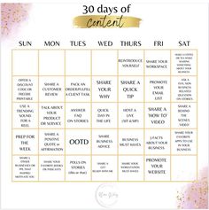 the 30 days of content calendar is shown with gold foil and pink watercolor paint