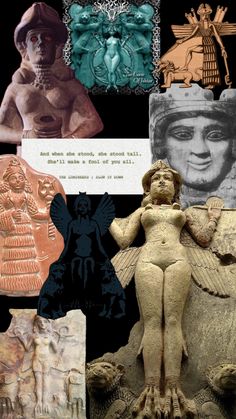 an artistic collage of ancient artifacts including statues and other items, with caption in the middle