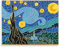 the starry night is depicted in this tile art piece, which features an image of a castle