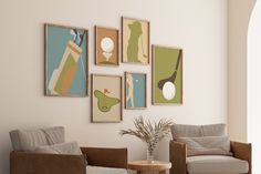 a living room filled with furniture and pictures on the wall