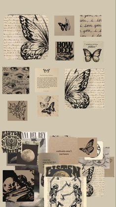 an assortment of different images and text on paper with butterflies, moths, etchings