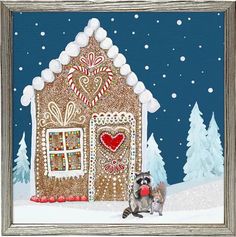 a painting of a gingerbread house with a raccoon standing in front of it