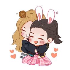 two cartoon characters hugging each other with hearts in the background and one is wearing bunny ears