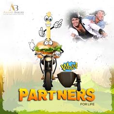 two men riding on the back of a motorcycle next to a poster for partners for life