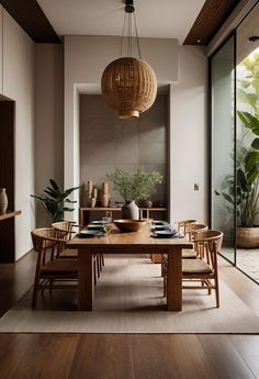 a dining room table with chairs and plates on it