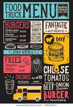 the menu for a fast food restaurant with burgers and drinks on blackboard background