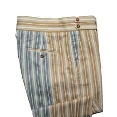 A must-have style in every man’s wardrobe, you will never look boring again with these striped trousers in orange, blue and white. Elegantly made with high quality craftsmanship in a straight fit, flat-front style from premium quality cotton, these trousers feature a button and zip closure with a wide waistband with two extended fastening tabs. This pair of men's pants is perfect for work and everyday wear, business meetings, parties, gala dinners or summer weddings. Buy it for yourself, or gift Fitted Blue Bottoms With Vertical Stripes, Fitted Cotton Bottoms With Contrast Stripes, Blue Fitted Bottoms With Vertical Stripes, Fitted Blue Pants With Vertical Stripes, Striped Cotton Bottoms With Welt Pockets, Striped Fitted Cotton Bottoms, Fitted Striped Summer Pants, Fitted Cotton Pants With Vertical Stripes, Fitted Pants With Contrast Stripes For Spring