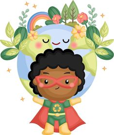 a little boy dressed as a super hero with flowers and leaves around his head, surrounded by stars