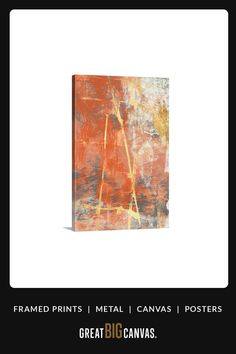 an orange and yellow painting on a white background with the words framed prints metal canvass posters