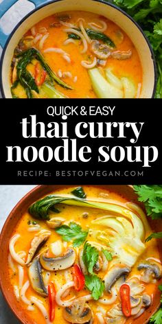 thai noodle soup in a bowl with text overlay that reads quick and easy thai curry noodle soup