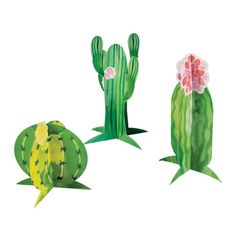 three paper cactuses with flowers on them