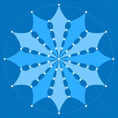 a blue and white snowflake with dots in the center on a blue background