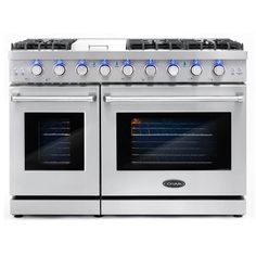 an oven with two burners and three doors on the front, in stainless steel