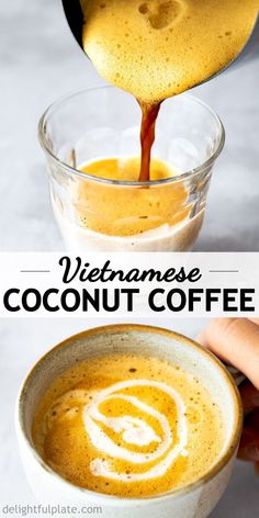 a person pouring coffee into a bowl with the words vietnamese coconut coffee in it and an image of a hand holding a spoon