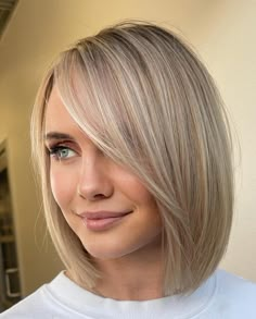 Chin Length Hair For Thinning Hair, Bob Hairstyle With Side Bangs, Long Bob Hairstyles With Side Bangs, Low Maintenance Bob Fine Hair, Side Bangs For Thinning Hair, Medium Fine Hair With Bangs, Clean Bob Haircut, Short Bob With Side Swept Bangs, Short Bob Side Bangs