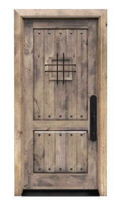 a wooden door with metal bars on the front and side panels, in an old fashion style