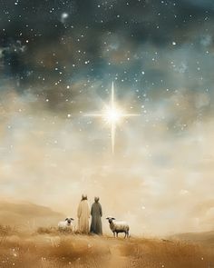 two people standing in the desert with sheep and a star above them on a night sky