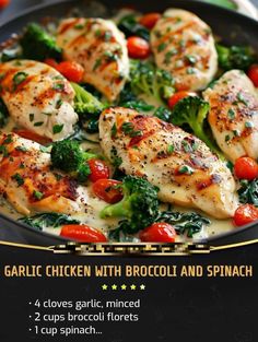 this is an ad for garlic chicken with broccoli and spinach