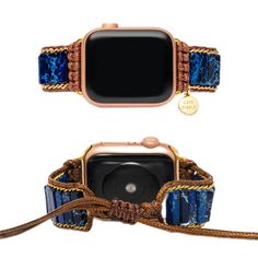 an apple watch with blue and gold bracelets on the strap, sitting next to another watch