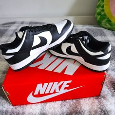 Brand New Nike Panda Sneakers. Sporty Black And White Sneakers For Streetwear, Nike Synthetic Skate Shoes, Black And White Sneakers With Contrast Sole For Streetwear, Sporty Low-top Black And White Sneakers, Sporty Black And White Low-top Sneakers, Sporty Black And White Sneakers For Sports, Black And White Sporty Sneakers For Sports, Nike Sporty Sneakers In Black And White, Nike Sporty Black And White Sneakers